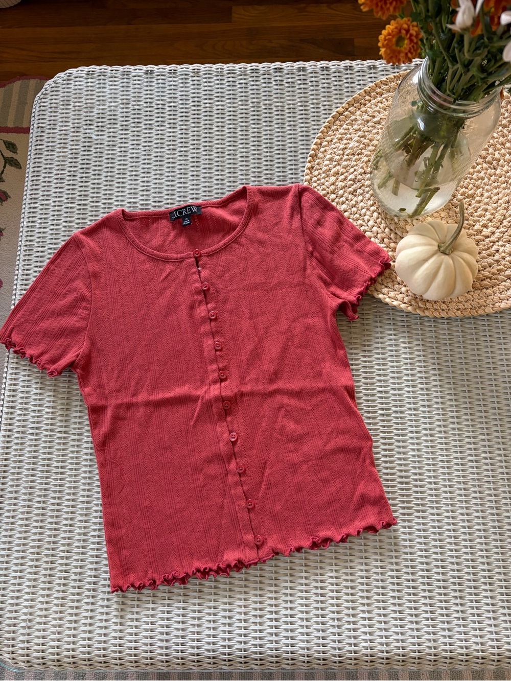 J. Crew Coral Short Sleeve Ribbed Button-Front Top